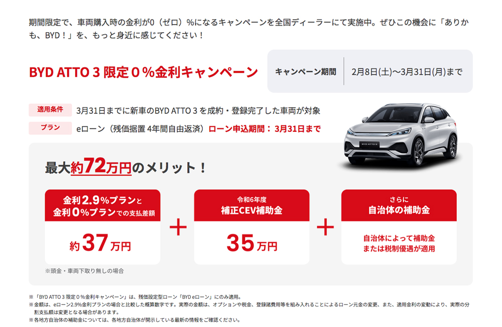 BYD ATTO 3  0金利キャンペーン